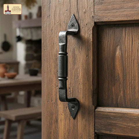 Mystic Colonial Rustic Cast Iron Barn Door Handles Set Of 2 In Black Finish installed on a wooden door