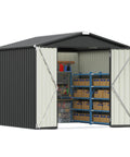 8x8 Foot Outdoor Metal Storage Shed In Black For Yard Tools, Garden Gear And Household Essentials, open doors showcasing contents
