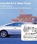 Toyota Timing Belt Kit With Water Pump Fits 1987 To 2001 Camry Celica RAV4 MR2 Solara 2.0L 2.2L 3SFE 5SFE L4 DOHC 16V Replaces TBK138 TCKWP199 Premium Replacement For Smooth Running And Prevent Coolant Leaks, shown with components against a car background.
