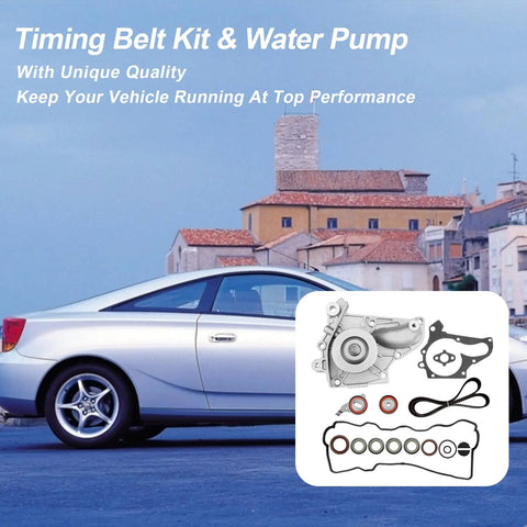 Toyota Timing Belt Kit With Water Pump Fits 1987 To 2001 Camry Celica RAV4 MR2 Solara 2.0L 2.2L 3SFE 5SFE L4 DOHC 16V Replaces TBK138 TCKWP199 Premium Replacement For Smooth Running And Prevent Coolant Leaks, shown with components against a car background.
