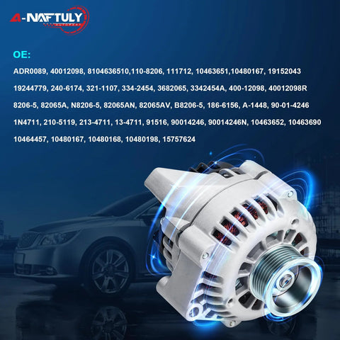 High Output Alternator Replacement For Chevy Suburban Tahoe Blazer Astro S10 1500 2500 3500 GMC Isuzu Cadillac Escalade 4.3L 5.0L 5.7L 7.4L V8 1996 1997 1998 1999 2000 2001 2002 ADR0089 40012098 in front of a car