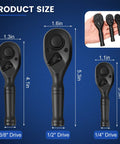 3 Piece Stubby Ratchet Set With One Quarter Inch Three Eighth Inch And One Half Inch Drives 72 Tooth Quick Release Reversible Black Finish CR MO Steel Non Slip Grip Includes EVA Case For Go-To Tight Space Automotive DIY Projects shown in hand for size comparison