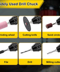 Two-piece keyless drill chuck adapters with 1/4-inch hex shank, black metal construction.