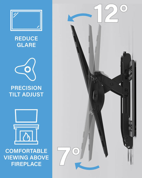 Super Slick Extendable Tilt TV Wall Mount For 42 To 90 Inch Sets Supporting Up To 150 Pounds showing 12° tilt for glare reduction.