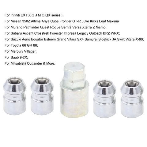 Street Tough Heavy Duty Keyed Wheel Lock Lug Nuts M12x1.25, chrome finish, set includes multiple anti-theft lug nuts for various vehicles.