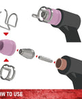 Illustration of AG60P Plasma Cutter Torch Consumables Kit 64 Pieces Includes Electrodes Nozzles Cups Standoff Guides For SG-55 AG-60 Torches Copper Ceramic Galvanized Cups Great For Home DIY And Light Duty Projects components assembly.