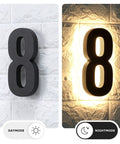 8 Inch LED House Numbers Set 12V DC Low Voltage Address Numbers For Home Exterior Waterproof And Corrosion Resistant Easy To Install Glow At Night Includes Free 0 To 9 Numerals Kit Driver Powers Up To 3 Digits, day and night view.