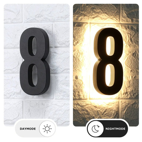 8 Inch LED House Numbers Set 12V DC Low Voltage Address Numbers For Home Exterior Waterproof And Corrosion Resistant Easy To Install Glow At Night Includes Free 0 To 9 Numerals Kit Driver Powers Up To 3 Digits, day and night view.