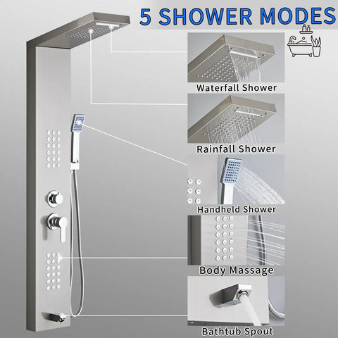 5 In 1 Shower Panel Tower With Powerful Rainfall Head And Body Massage Jet Plus Tub Spout And Handheld Sprayer Crafted From Brushed Gray 304 Stainless Steel Legit Luxury That Builds Differently For Daily Spa Vibes