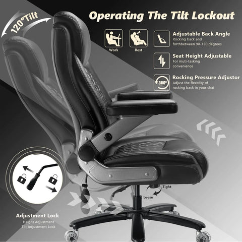 600Lbs Big And Tall Heavy Duty Office Chair With 5D Flip Arms Pocket Spring Cushion High Back Ergonomic Desk Chair With Lumbar Support Dual Rubber Wheels Extra Plush Padding For All Day Comfort tilt lockout feature