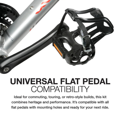 Toe Clips L/XL And 515XL Toe Straps Set with technopolymer double prongs on flat bike pedal for commuting and urban cycling