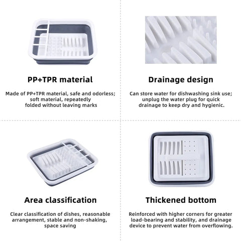 Collapsible Dish Drainer Portable Dinnerware Drainer Organizer with PP+TPR material, drainage design, area classification, and thickened bottom