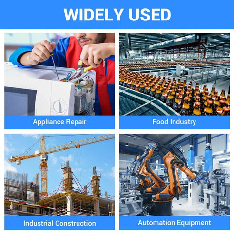 Collage showing uses of 10 Pack Stainless Steel Thread Repair Inserts in appliance repair, food industry, construction, automation equipment.