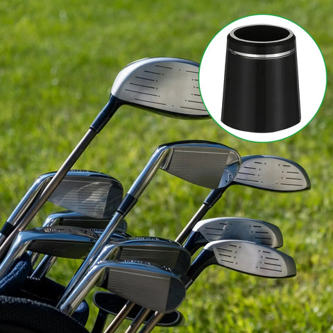 Set of golf irons with a close-up of a black ferrule with silver ring sleeve. 12 Pack Black Golf Ferrules For Irons 0.355 Inch Ferrule Tips.
