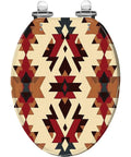 Elongated Resin Toilet Seat for Bathroom with a geometric red and beige pattern, features chrome hinge fittings.