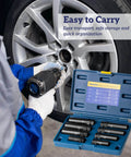 Mechanic using 8 Piece Spline Lug Nut Master Key Set, Universal Locking Wheel Nut Remover Tool, Cr-Mo Steel, with case