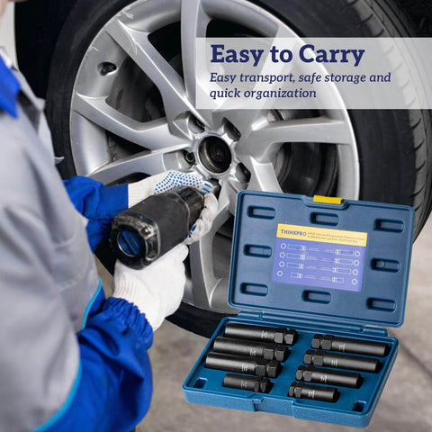 Mechanic using 8 Piece Spline Lug Nut Master Key Set, Universal Locking Wheel Nut Remover Tool, Cr-Mo Steel, with case
