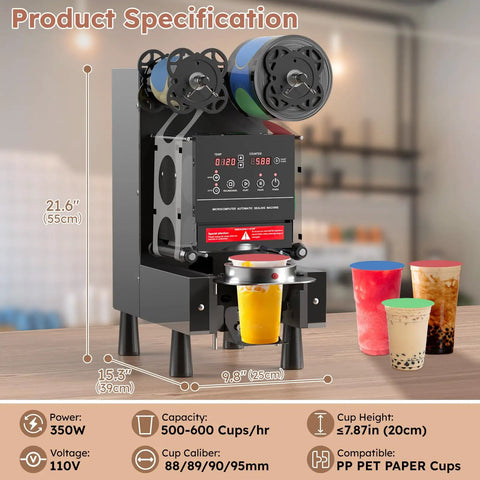 Full Auto Cup Sealing Machine For Bubble Tea Spots 88 89 90 95 Mm Electric Boba Sealer 600 Cups Per Hour