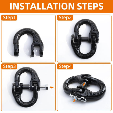 Installation steps for Half Inch Hammerlock Coupling Link With Two RPins Safety Chain Connector for tow hitch in black.