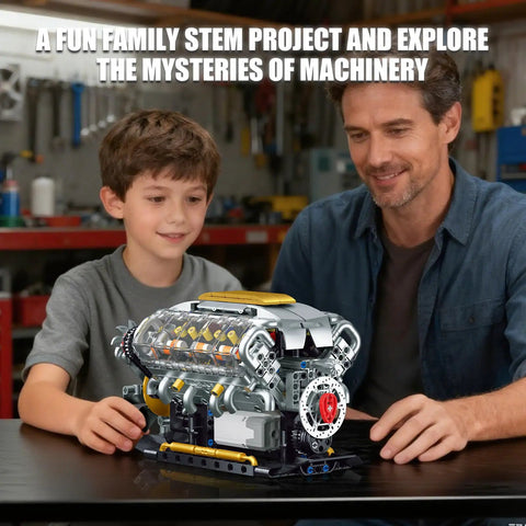 Father and son building V8 Engine Model Kit That Runs Hands On Build Your Own Mini Visible Car Motor Realistic Piston Motion Turbocharger Science DIY Set For Adults Teens 14 And Up 703 Piece STEM Toy Gift on table