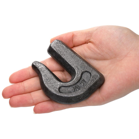 Hand holding Six Pack Weld On Grab Hooks Three Eighths Inch Tow Chain Hooks G70 Forged Clevis Weldable Hooks