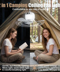 Woman reading under 2-In-1 Camping Fan With Light And Remote inside a tent, showing product use in outdoor setting