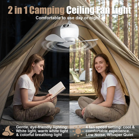 Woman reading under 2-In-1 Camping Fan With Light And Remote inside a tent, showing product use in outdoor setting