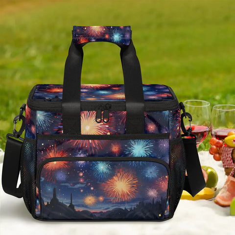 Insulated Picnic Backpack Cooler Tote Large 12x9x10 Inch Main Compartment Keeps Food Cold Or Warm, fireworks design, outdoor setting