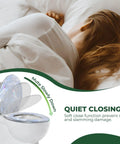 Elongated Resin Toilet Seat for Bathroom with soft close feature, displayed atop toilet, emphasizing quiet operation.