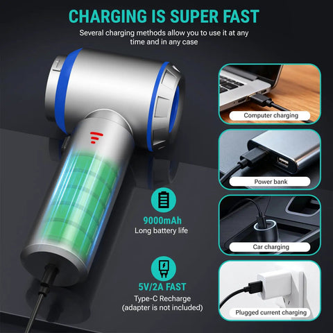 9000mAh charging options for 2 In 1 Mini Car Vacuum And Air Duster Wireless Handheld Vacuum With Blower Function
