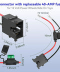 Connector with replaceable 40-AMP fuse for 12V LiFePO4 Battery With 20A BMS For Ride On Toys And Toy Cars
