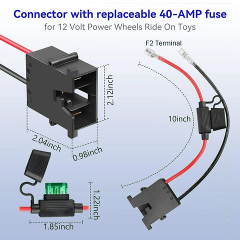 Connector with replaceable 40-AMP fuse for 12V LiFePO4 Battery With 20A BMS For Ride On Toys And Toy Cars