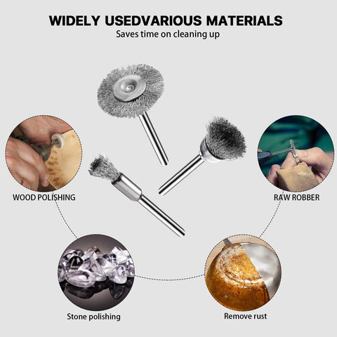 15 Piece Stainless Steel Wire Brush Kit For Dremel And Rotary Tools With Pen Shaped, Cup Shaped, And Wheel Shaped Bristles On A 1/8 Inch Mandrel