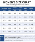 Women Anti Static Esd Cleanroom Uniform Jacket And Pants Set Real American Cut Heavy Duty Dust Proof Workwear With Conductive Grid Fabric For Tech Labs And Manufacturing size chart showing dimensions and measurements.