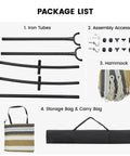 Package list for Double Hammock With Stand For Two People, including iron tubes, assembly accessories, hammock, storage bag, and carry bag.