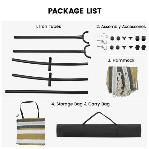 Package list for Double Hammock With Stand For Two People, including iron tubes, assembly accessories, hammock, storage bag, and carry bag.