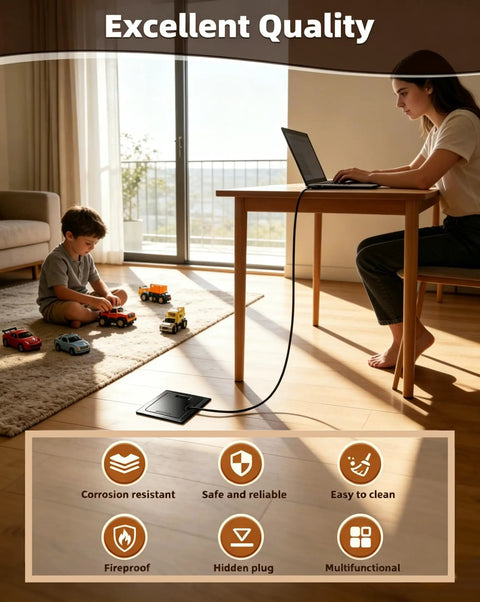 Slick Flush Mount Recessed Floor Outlet Box With Flat Hidden Socket Kit Featuring Top Shield Tamper Proof Receptacles Pd Type C Ethernet Ports And Quick Charge Gear in home setting with user and child.