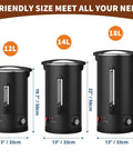 Three commercial coffee urns in 12L, 14L, and 18L sizes, showing dimensions and design, featuring the 18L large electric beverage dispenser.