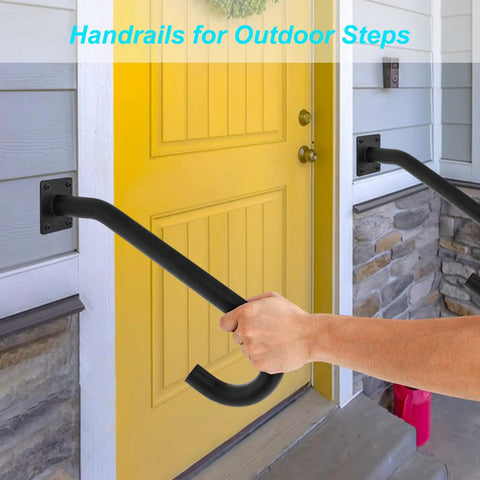 Tough As Nails Wall Mount Hand Rails For 1 To 3 Steps Heavy Duty Grade Steel Safety Grab Bar visible near a yellow door.