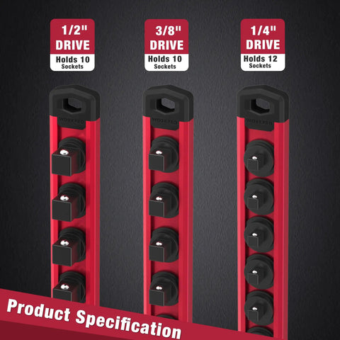 Magnetic Socket Rail Organizer For 3/8-Inch Drive Set Aluminum Alloy Socket Holder With 10 Red Clips shown in product specification