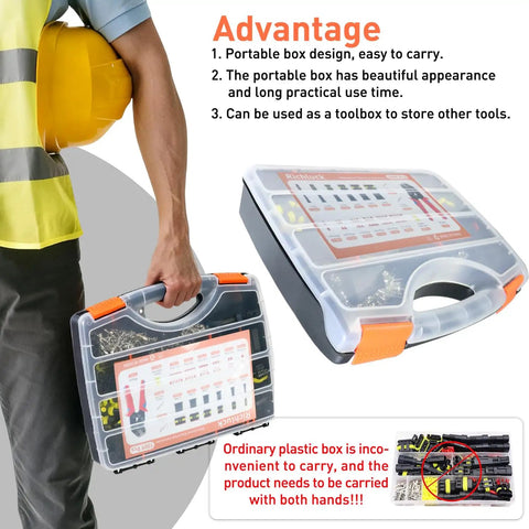 Person holding a kit case with labeled compartments for Waterproof Automotive Electrical Connector Kit With 63 Sets 1/2/3/4/5/6 Pin Sealed Wiring Harness Connectors Includes Ratcheting Crimp Pliers And 188 Male Plus 188 Female Terminals For Quick Car Repairs And DIY Wiring.