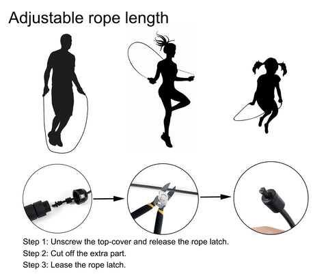 Adjustable Jump Rope With Ball Bearing Speed Rope For Men Women Kids Tangle Free Skip Rope For Fast Cardio At Home Gym School Durable PVC Coated Steel Wires with illustration of adjustment process