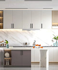 Modern kitchen with 10 Pack 5 Inch Matte Black Cabinet Handles 128mm for easy upgrade and coordinated look on white cupboards.