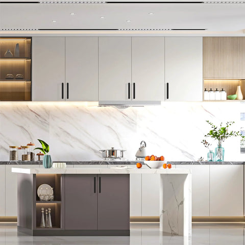 Modern kitchen with 10 Pack 5 Inch Matte Black Cabinet Handles 128mm for easy upgrade and coordinated look on white cupboards.