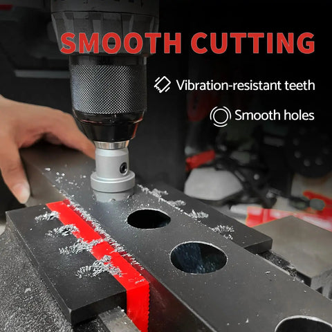 Heavy Duty Carbide Hole Saw Kit For Stainless Steel With 7/8, 1 1/8, And 1 3/8 Inch Diameters in use on metal plate