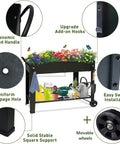Big Outdoor Raised Garden Bed With Legs And Wheels Metal Planter Box For Vegetables Flowers And Herbs Elevates Your Patio Or Backyard Grow Space Forty Inch Long By Eleven Inch Wide By Thirty One And A Half Inch High shown with ergonomic handle, add-on hooks, seepage hole, swivel installation, and movable wheels.