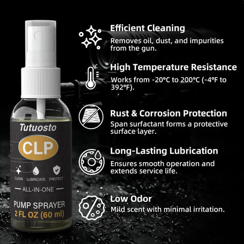 All In One Gun Lube And Cleaner Kit With Two Oz And One Oz Needle Oiler For Quick Cleaning, Lubricating, And Protecting Most Firearms, Reduces Friction For Quieter Smoother Action And Longer Gun Life product bottle with benefits listed.