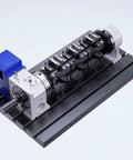Rock Solid Six Position Double Sided Hydraulic Vise Featuring Fast Clamp Self Centering Jaws And Fully Customizable Piece Sorting For Big Time Cnc Milling Operations And Factory Floor Jobs showing top view with six jaws and modular base.