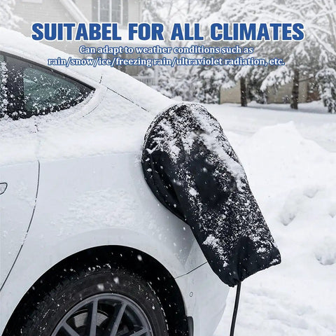 Tough Universal EV Charger Port Cover With A Rock Solid Magnetic Grip And Waterproof Weather Shield on electric vehicle in snow.