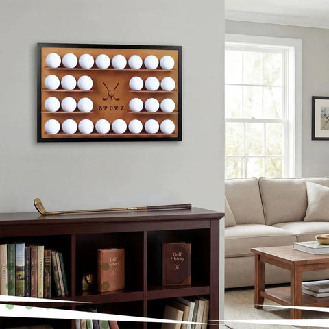 Personalized Golf Ball Display Frame With DIY Letter Stickers Holds 28 Balls Wall Mounted Cabinet Rack Perfect Gift For Golfers And Collectors Fathers Day Graduation Birthday on wall in living room
